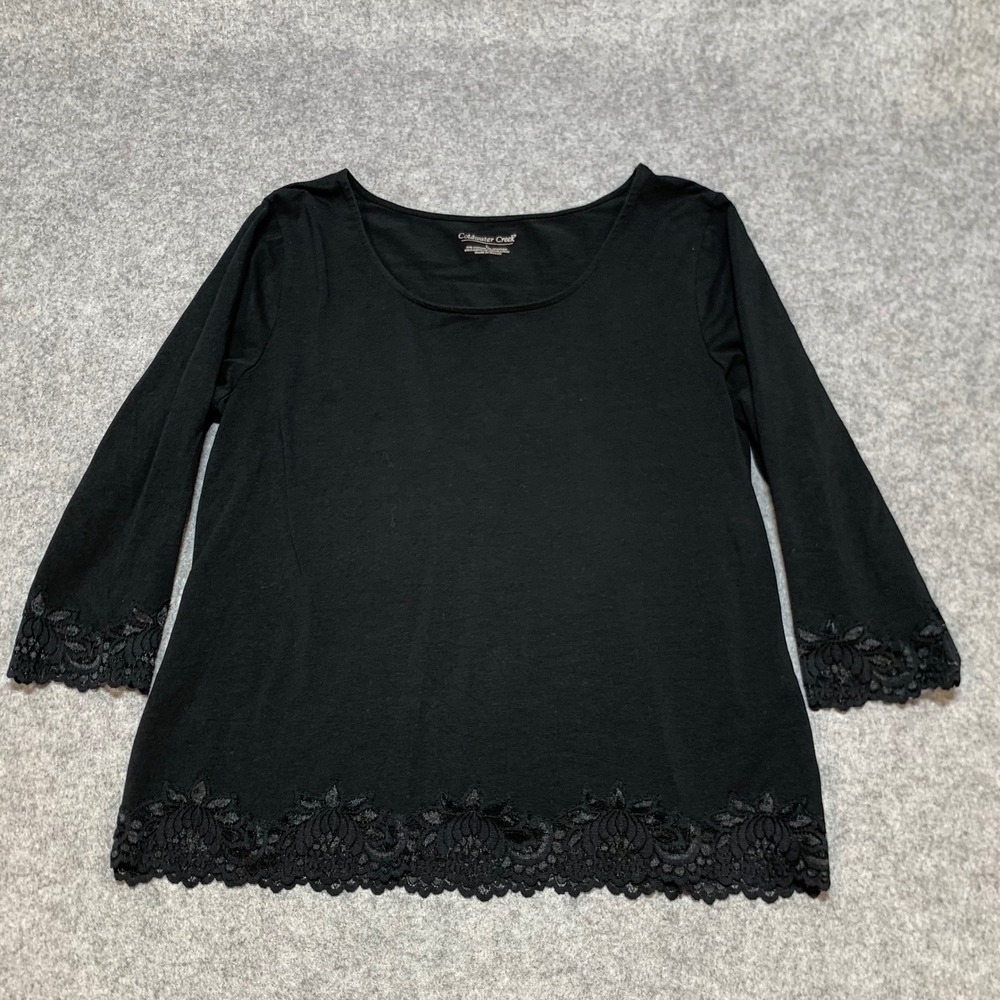 Coldwater Creek Womens Large Black Lace Trim Scoop Neck 3/4 Sleeve Knit Top - Picture 2 of 5